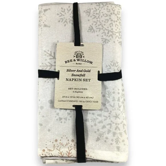 Bee & Willow-Silver& Gold Snowfall- Napkins- 18"x18"- Holiday- White - Picture 1 of 7
